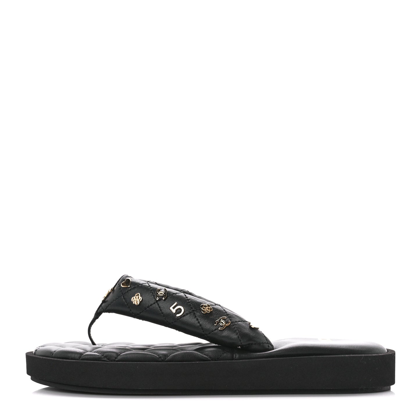 Lambskin Quilted Padded Charms Thong Sandals 39 Black