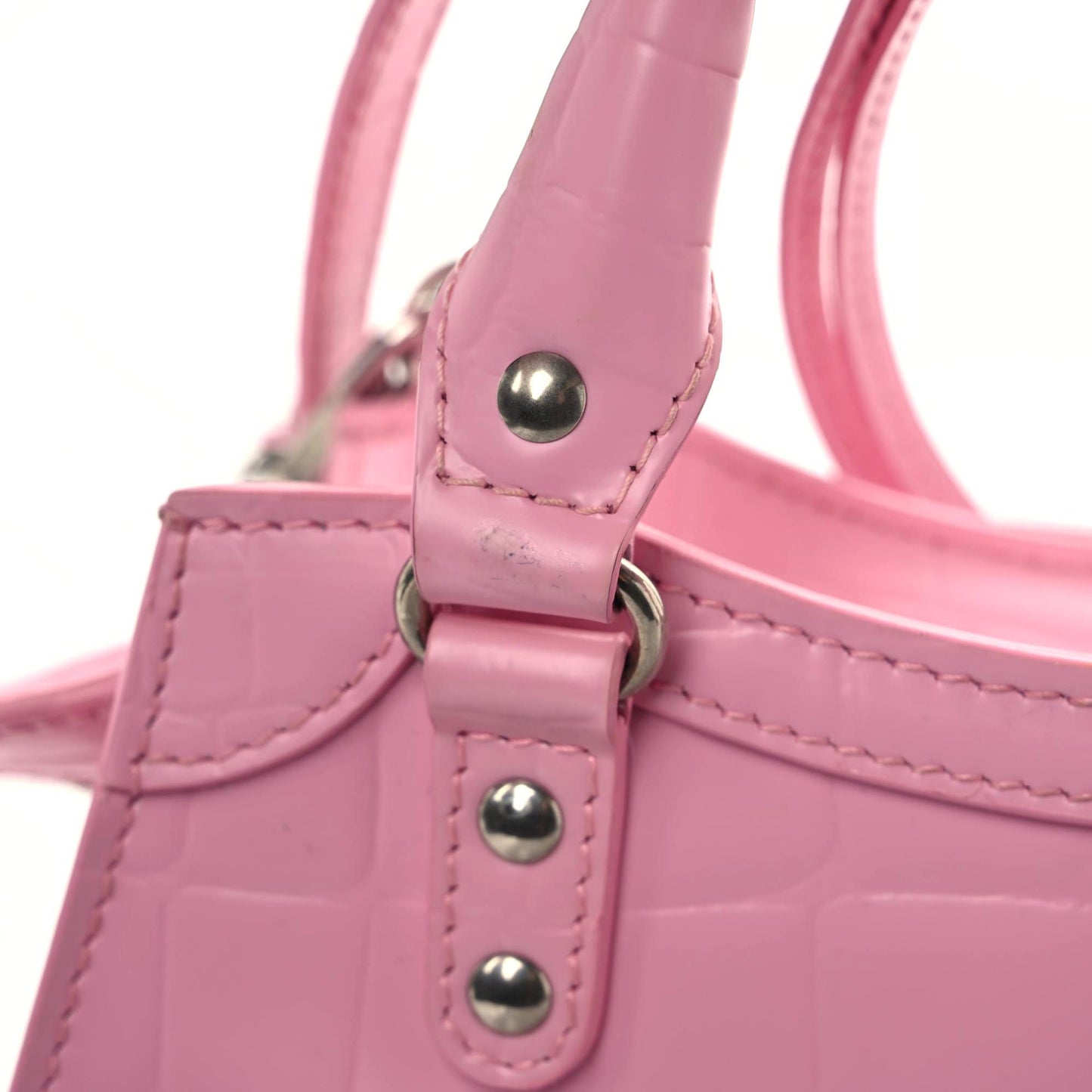 Semi Shiny Calfskin Crocodile Embossed Neo Classic Silver Hardware Mini City Pink