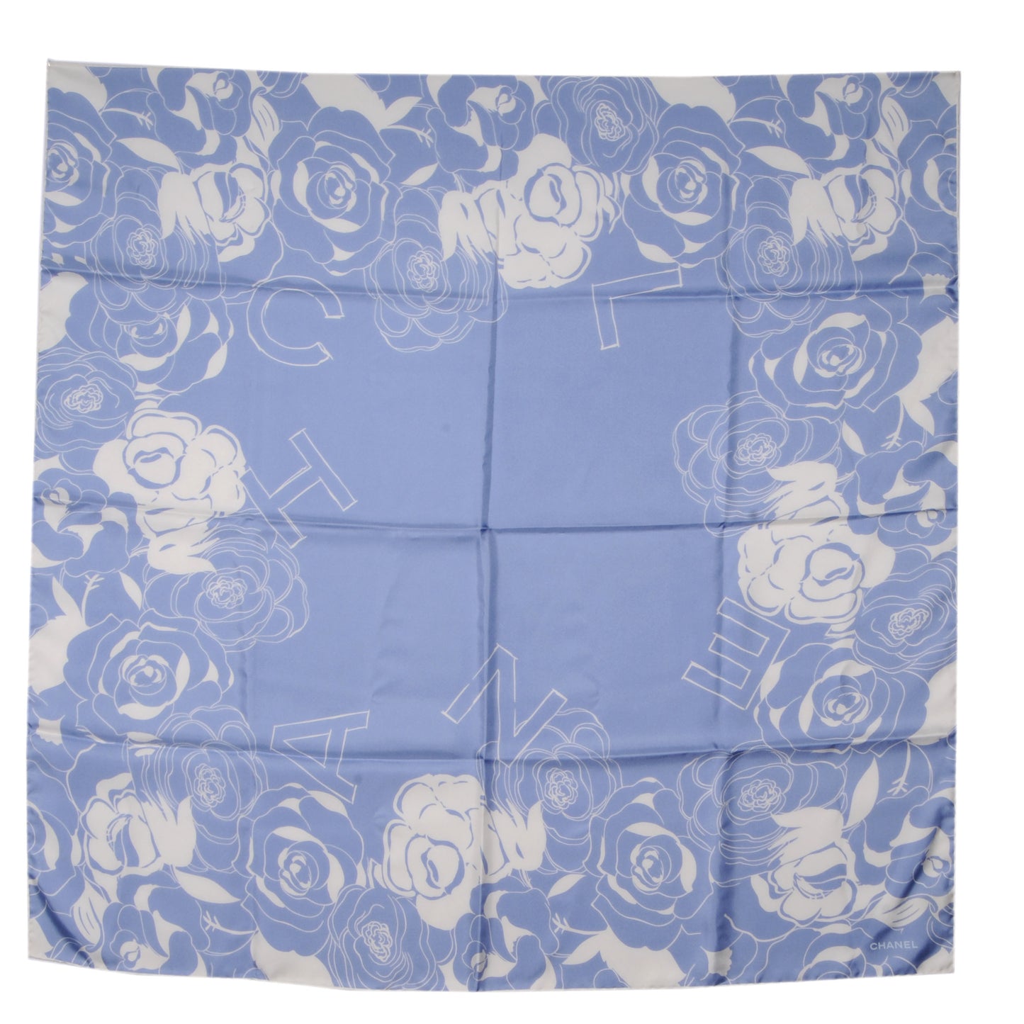 Silk CC Logo Camellia Scarf Blue White