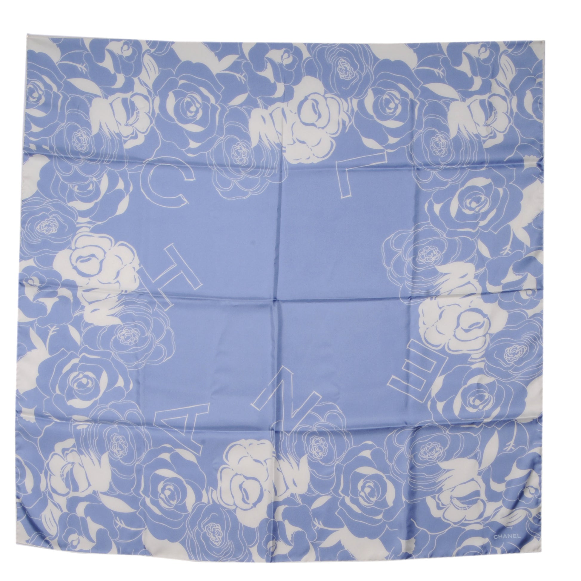 Chanel Silk CC Logo Camellia Scarf Blue White 2 of 5