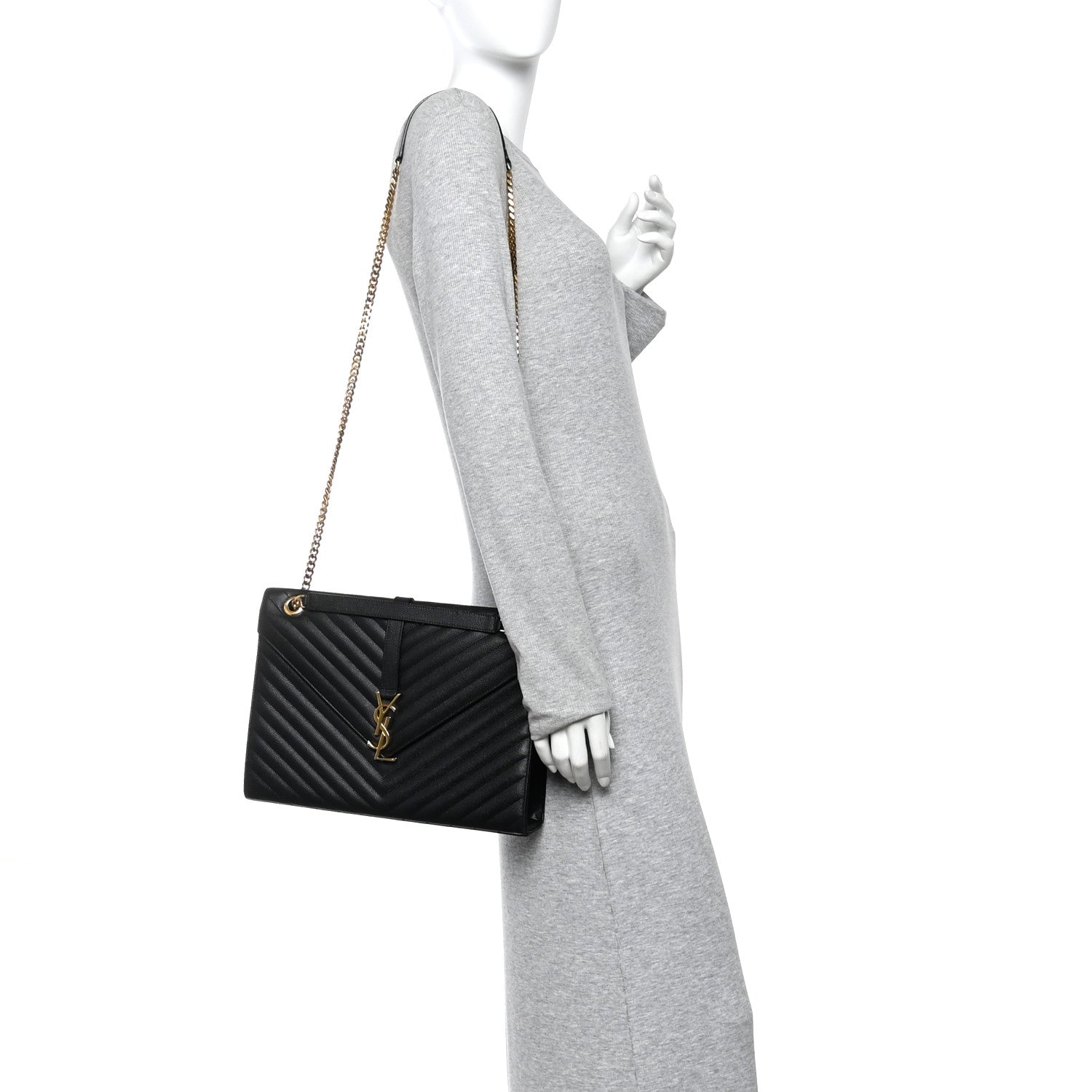 Saint Laurent Grain De Poudre Matelasse Chevron Large Monogram Satchel Black 2 of 14