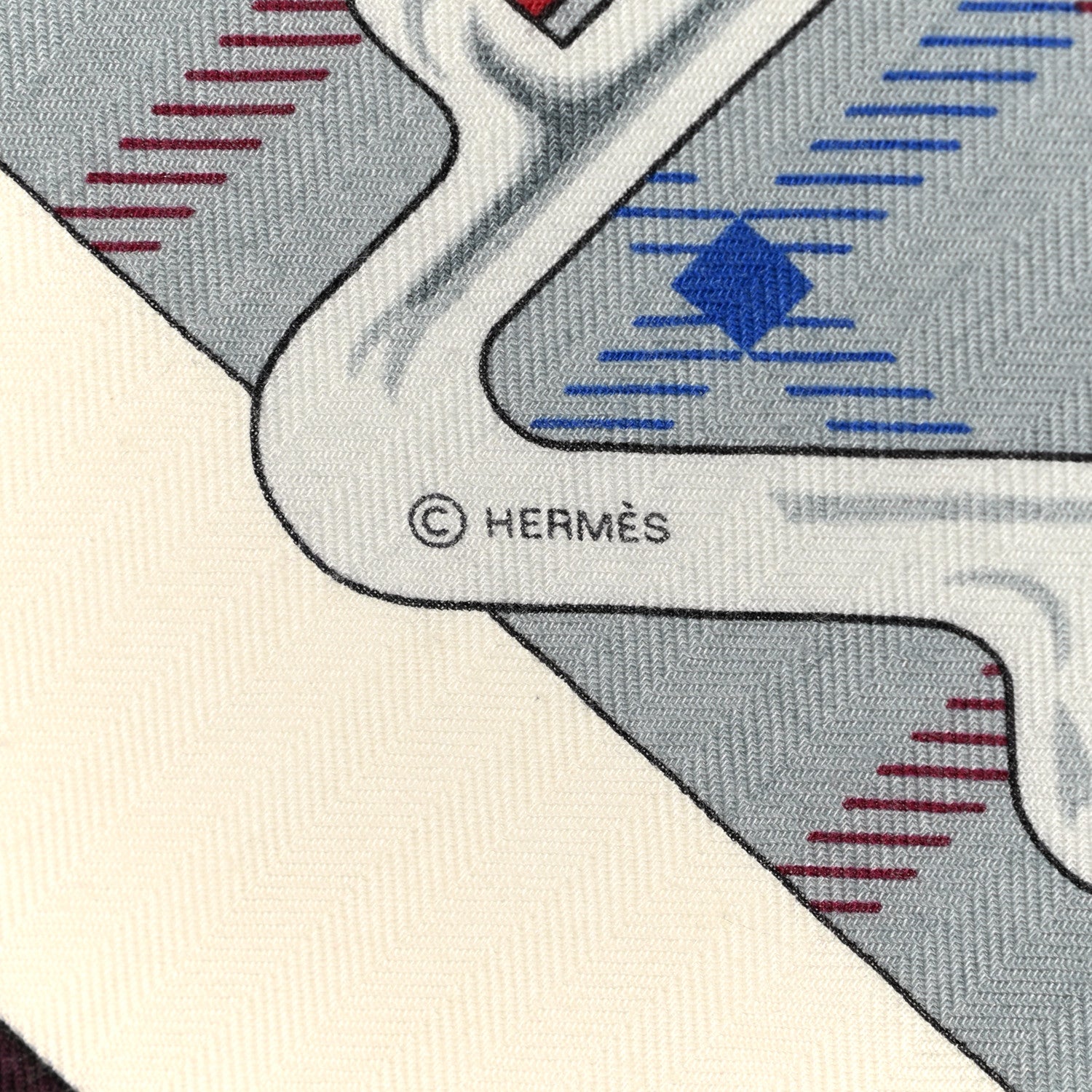 Hermes Cashmere Silk Tatersale Shawl 140 Rouge H Gris Bleu 4 of 5