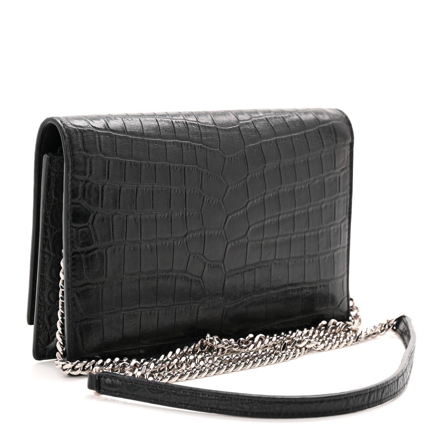 Saint Laurent Calfskin Crocodile Embossed Kate Monogram Tassel Chain Wallet Black 3 of 9