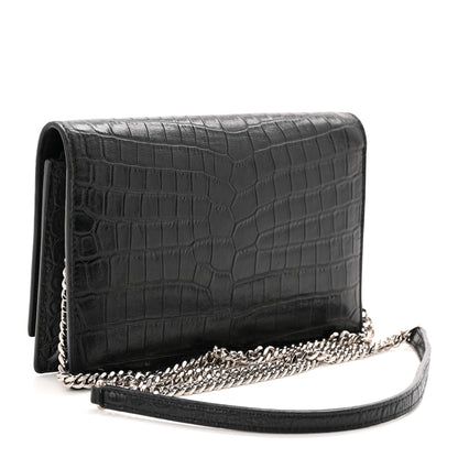Saint Laurent Calfskin Crocodile Embossed Kate Monogram Tassel Chain Wallet Black 3 of 9