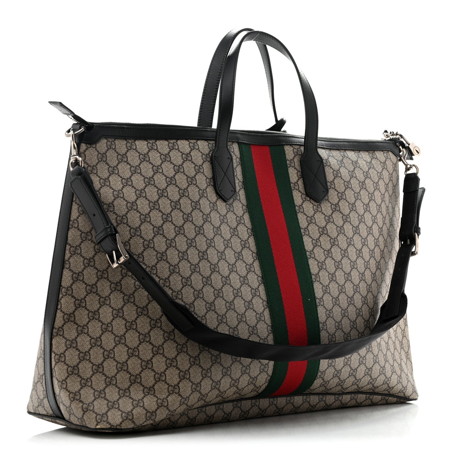 Gucci GG Supreme Monogram Web Large Zippered Tote Beige Black 3 of 11