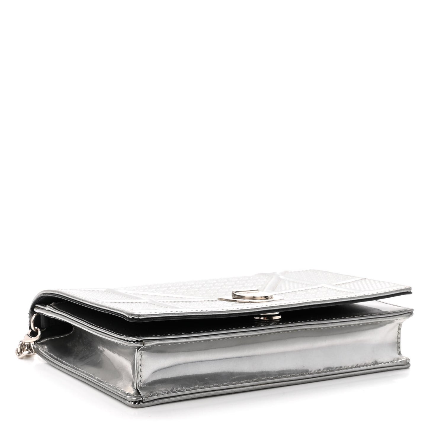 Metallic Patent Micro-Cannage Diorama Wallet on Chain Pouch Silver