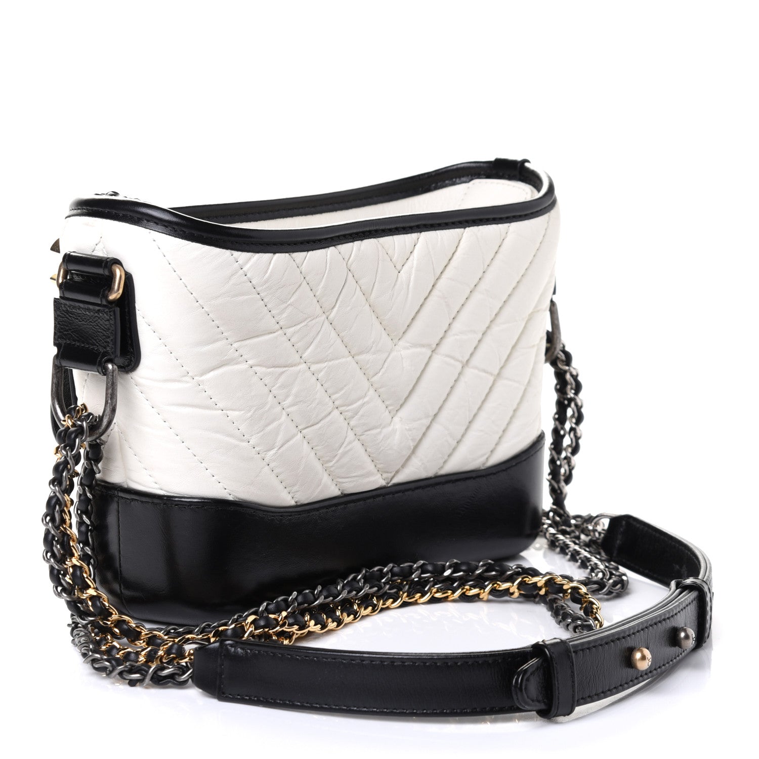 Chanel Aged Calfskin Chevron Quilted Small Gabrielle Hobo Black White 2 of 5