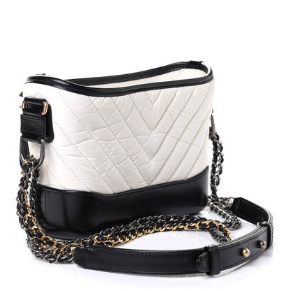 Chanel Aged Calfskin Chevron Quilted Small Gabrielle Hobo Black White 2 of 5