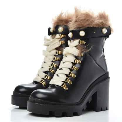 Gucci Magnum Calfskin Fur Pearl Lace Up Combat Ankle Boots 37 Black Naturale 3 of 10