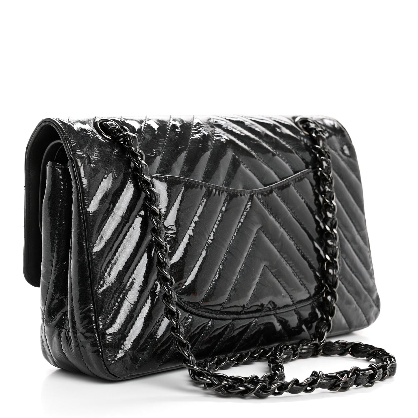 Metallic Patent Crumpled Calfskin Chevron Quilted Medium Double Flap So Black