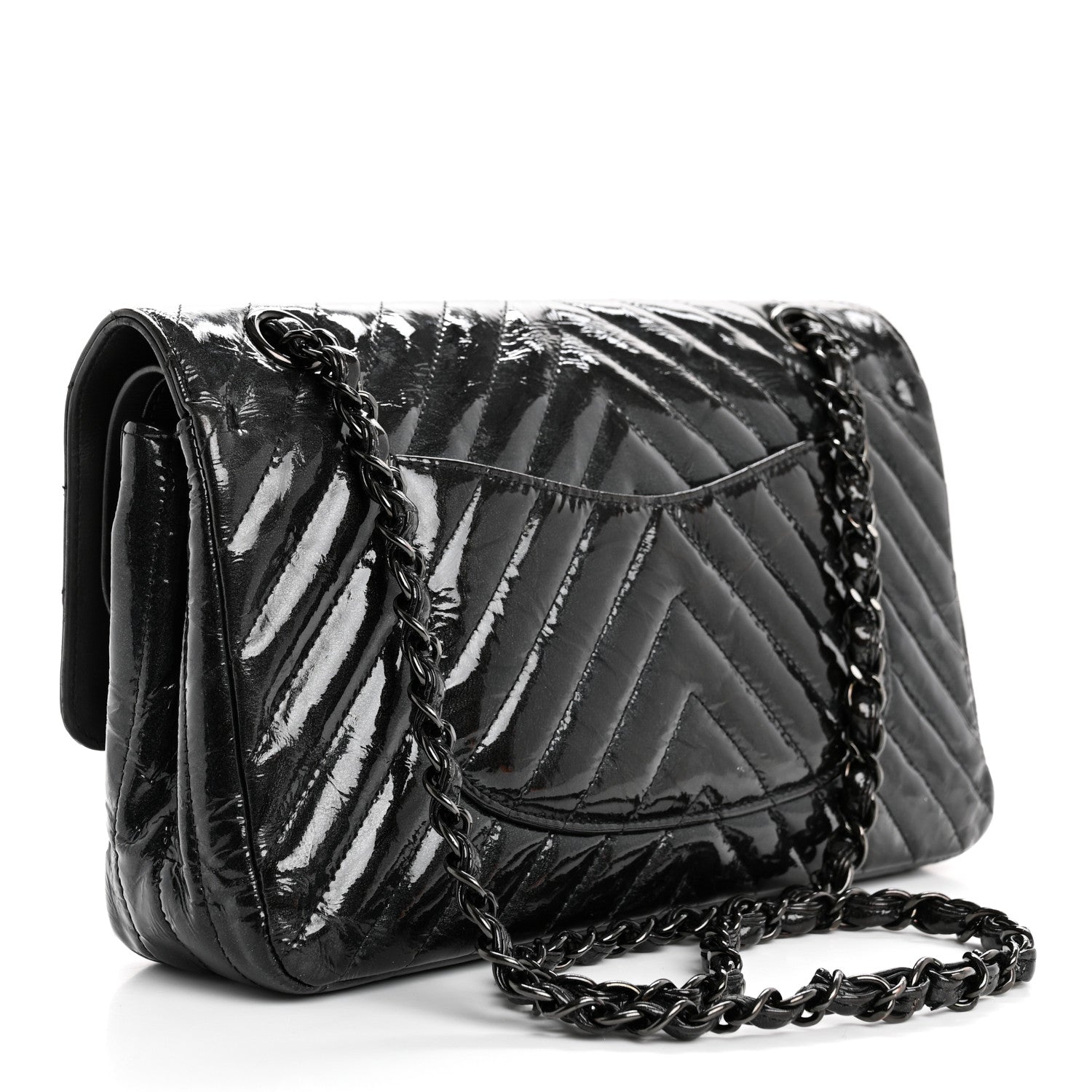 Chanel Metallic Patent Crumpled Calfskin Chevron Quilted Medium Double Flap So Black 3 of 12