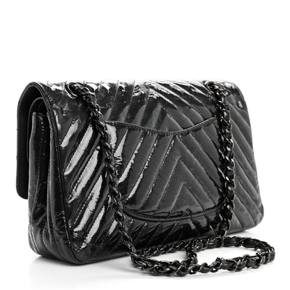 Chanel Metallic Patent Crumpled Calfskin Chevron Quilted Medium Double Flap So Black 3 of 12