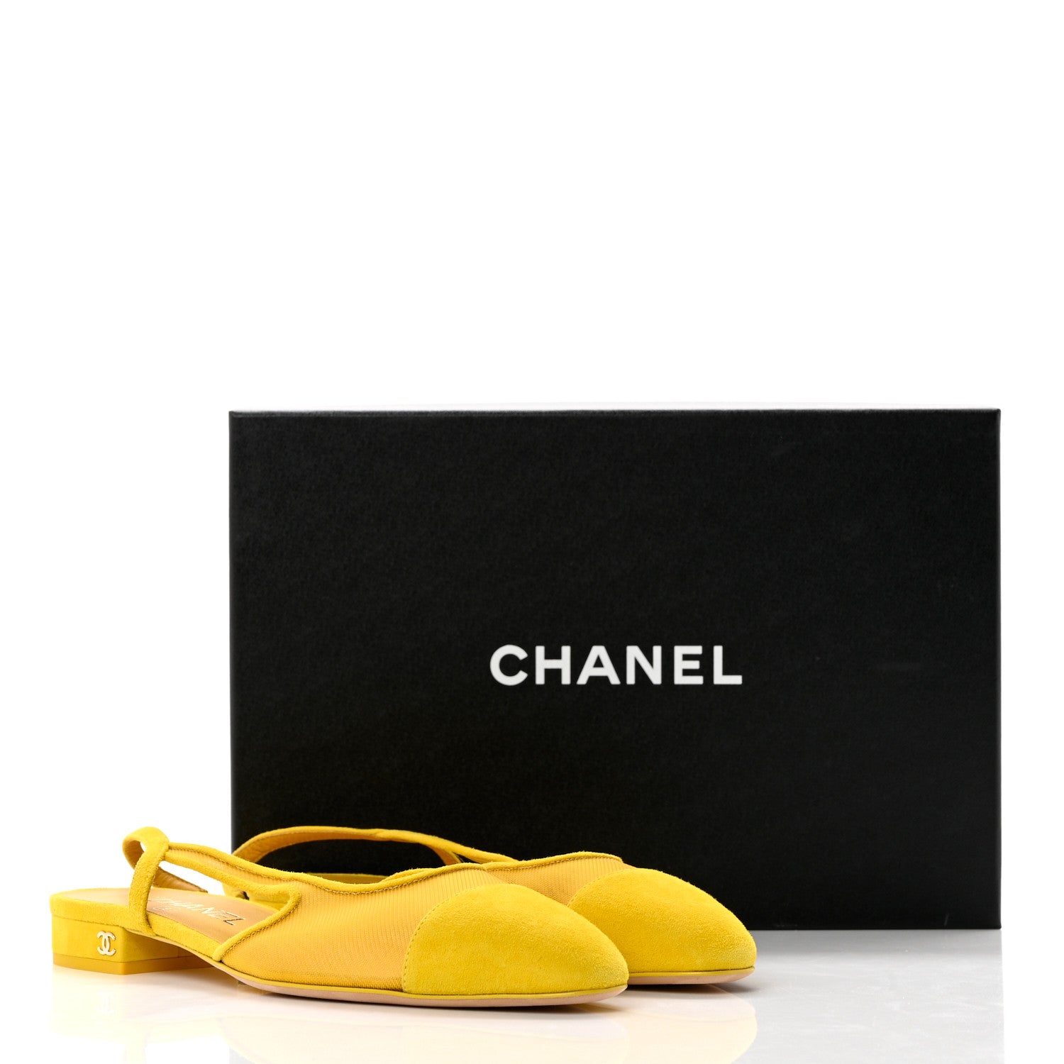 Chanel Mesh Suede Kidskin Cap Toe CC Slingback Flat 37 Yellow 8 of 8