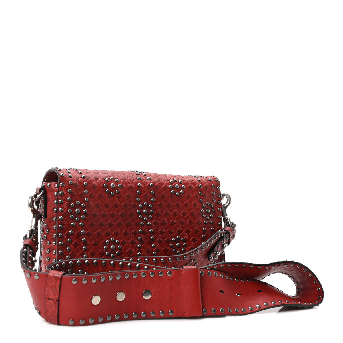 Calfskin Embossed Cannage Studded J'Adior Chain Flap Bag Red