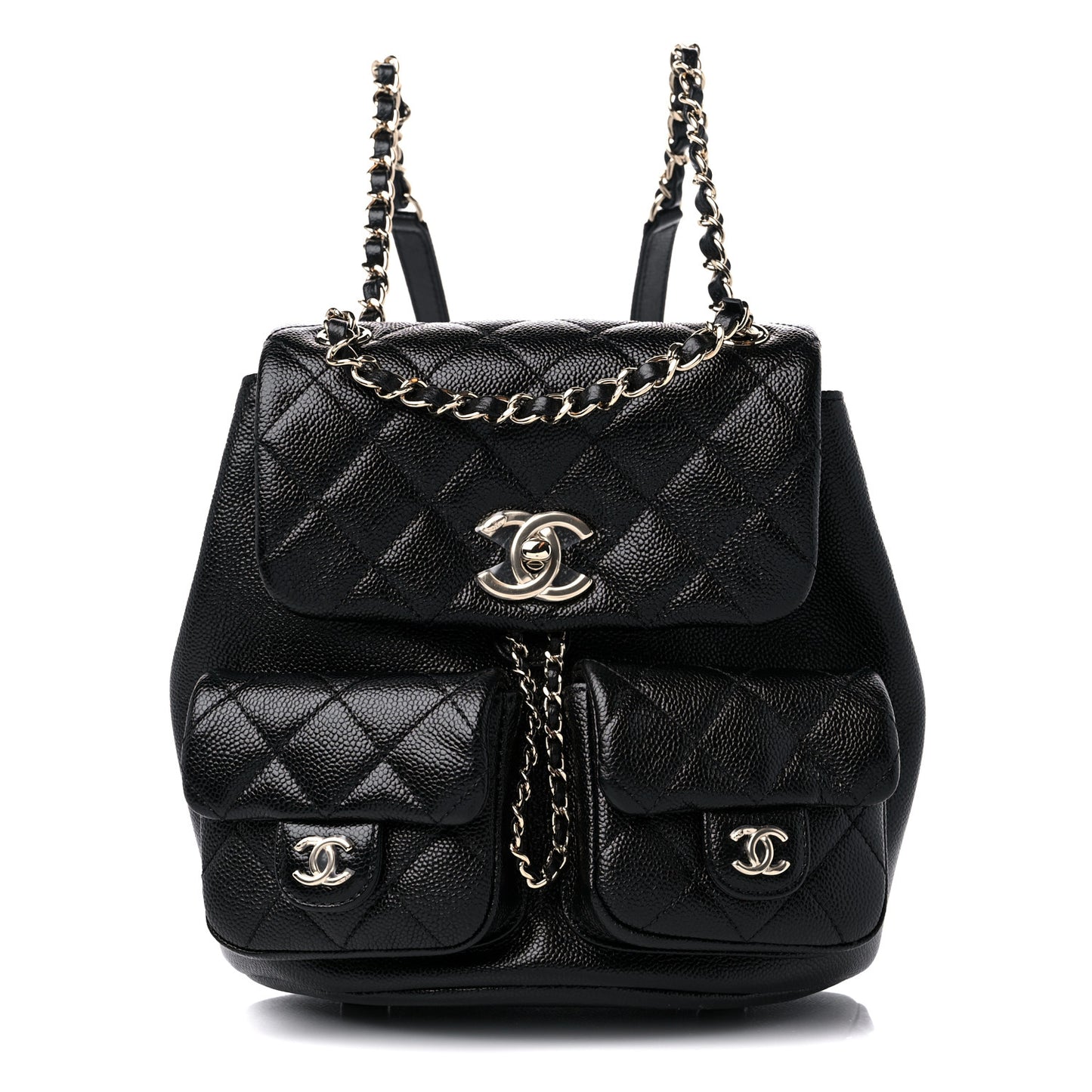 Shiny Caviar Quilted Small Duma Pockets Drawstring Backpack Black