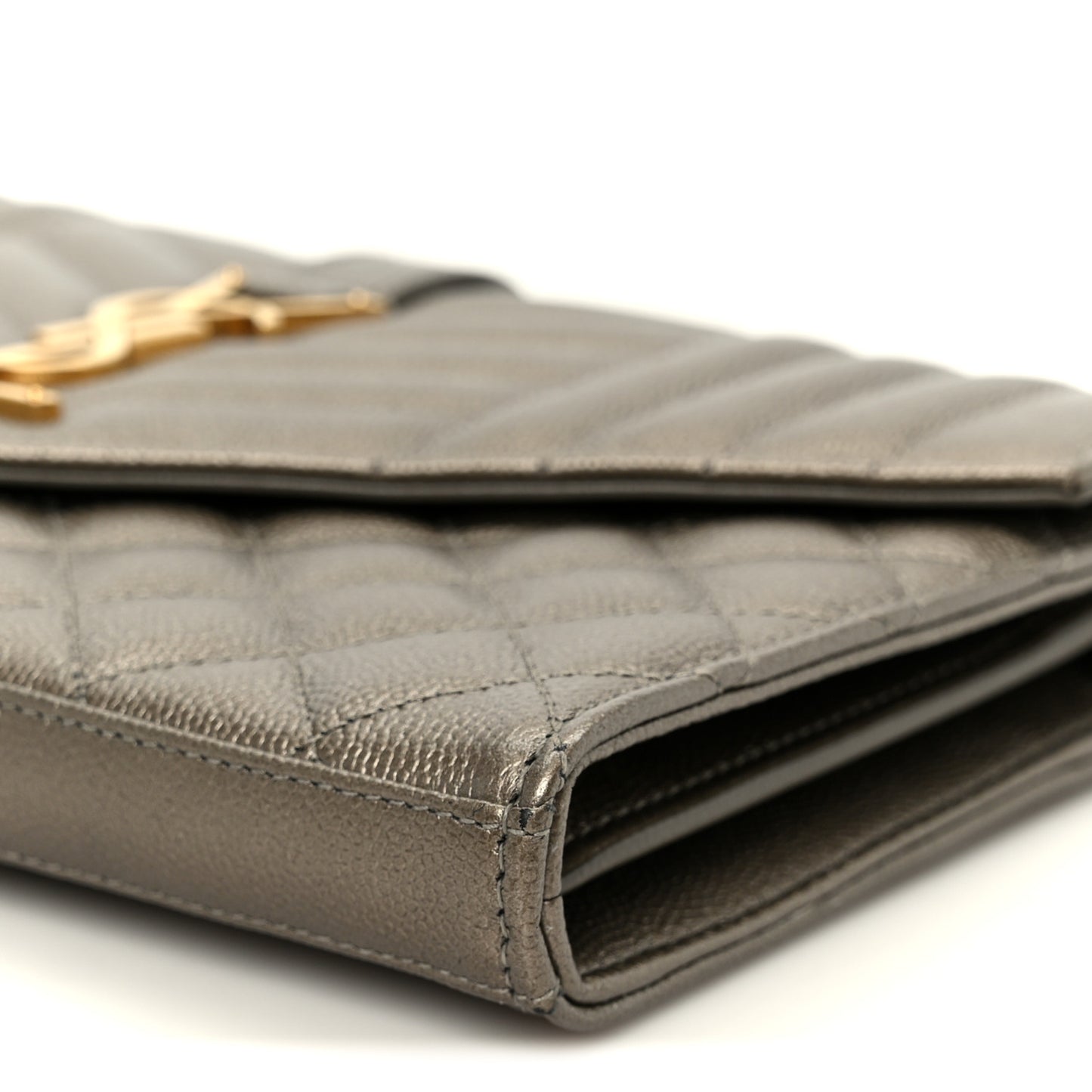 Metallic Grain De Poudre Mixed Matelasse Triquilt Monogram Chain Wallet Piombo