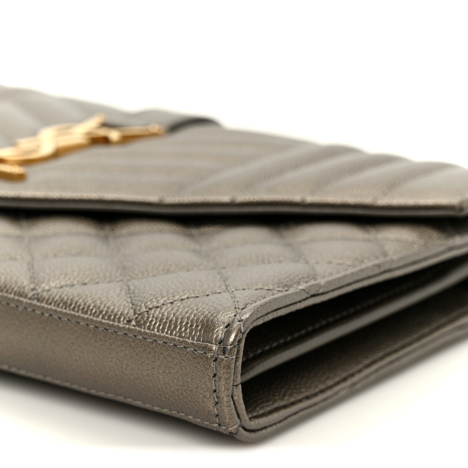 Saint Laurent Metallic Grain De Poudre Mixed Matelasse Triquilt Monogram Chain Wallet Piombo 9 of 9