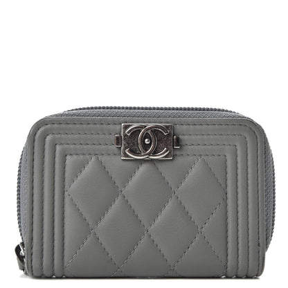 Chanel Lambskin Quilted Boy Zip Around Coin Purse Wallet Grey 1 of 8