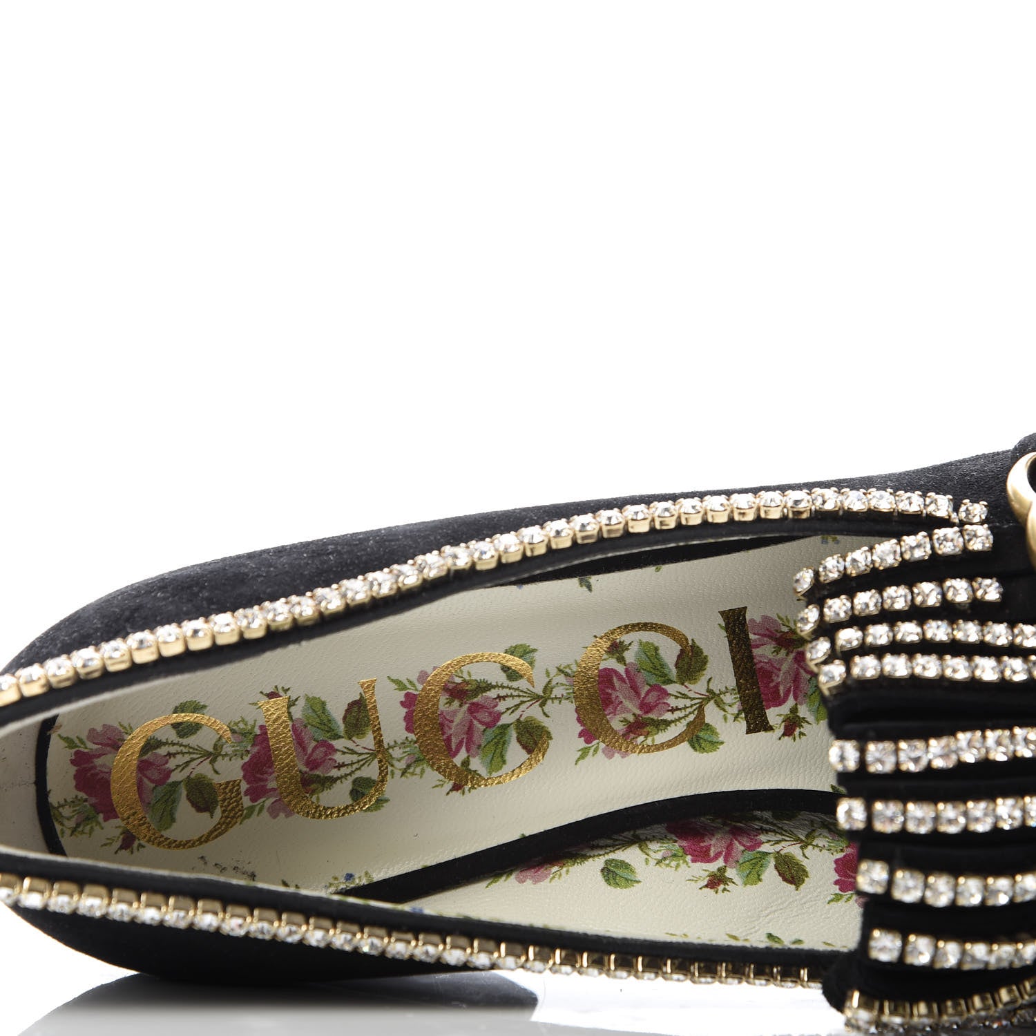 Gucci Kid Scamosciato Crystal GG Marmont Fringe 50mm Loafer Pumps 36 Black 7 of 9