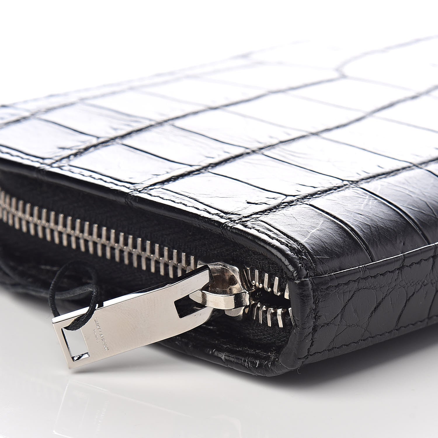 Saint Laurent Calfskin Crocodile Embossed Classic Zip Around Continental Wallet Black 7 of 9