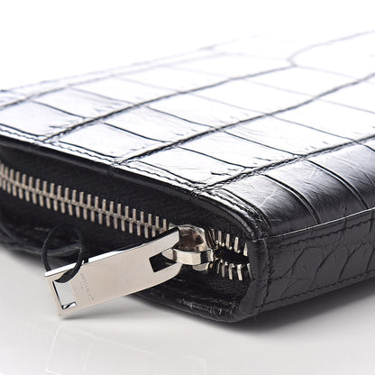 Saint Laurent Calfskin Crocodile Embossed Classic Zip Around Continental Wallet Black 7 of 9