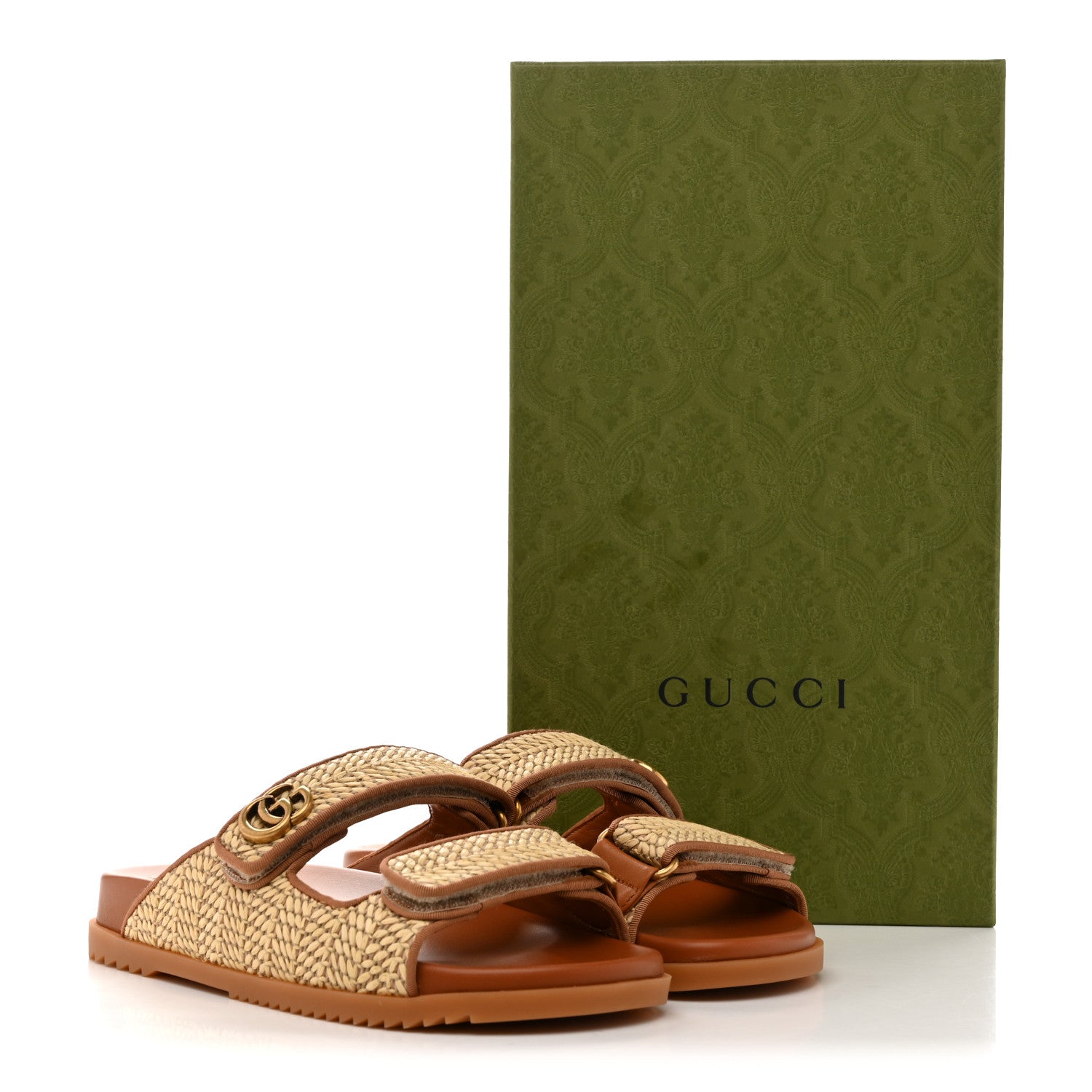 Gucci GG Raffia Womens Slide Sandals With Straps 37.5 Natural