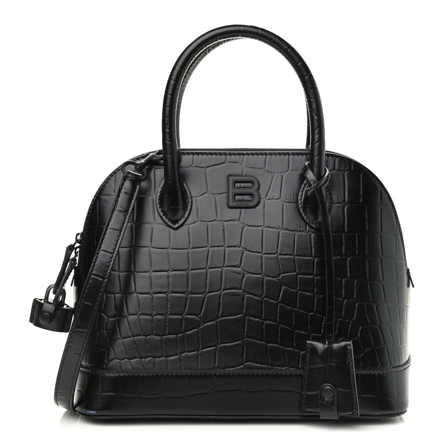 Calfskin Crocodile Embossed S Rivet Ville Top Handle Bag Black