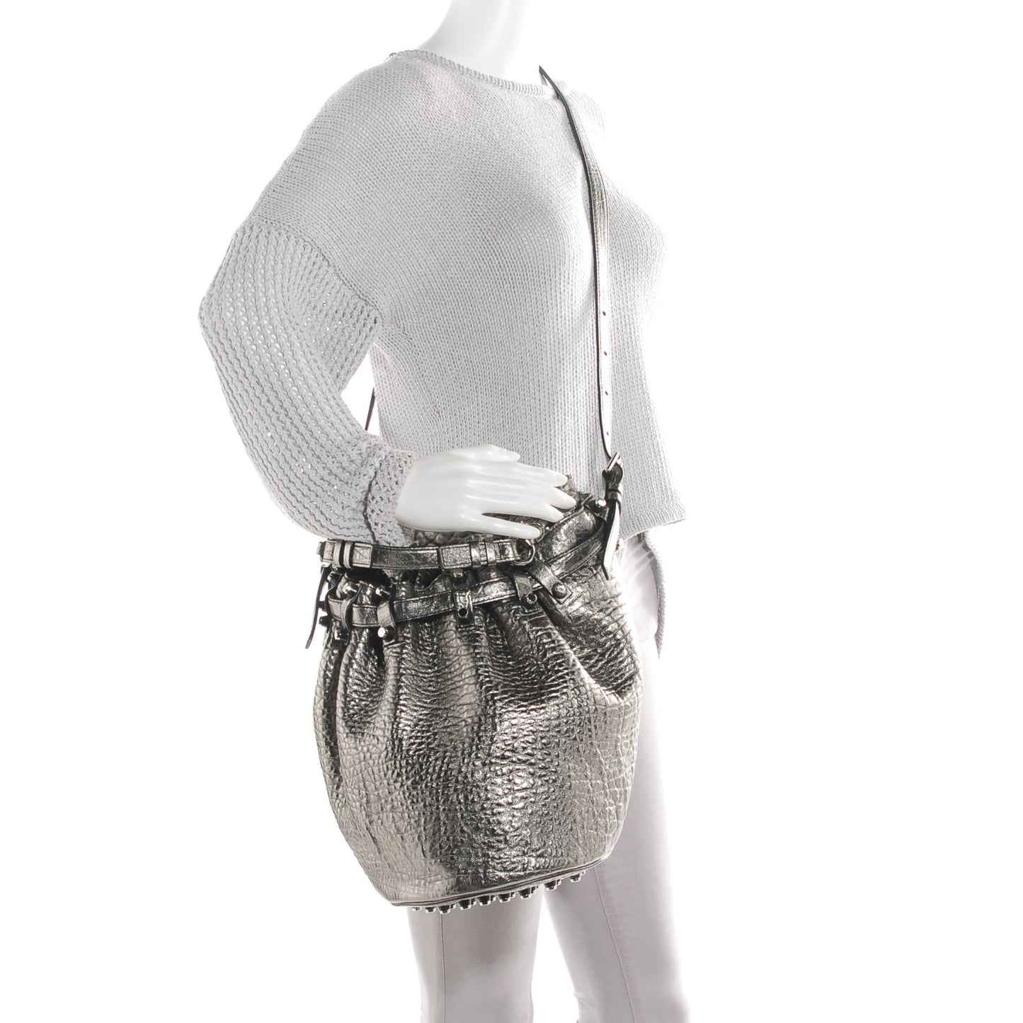 Metallic Pebbled Lambskin Diego Bucket Bag Carbon Gunmetal Hardware