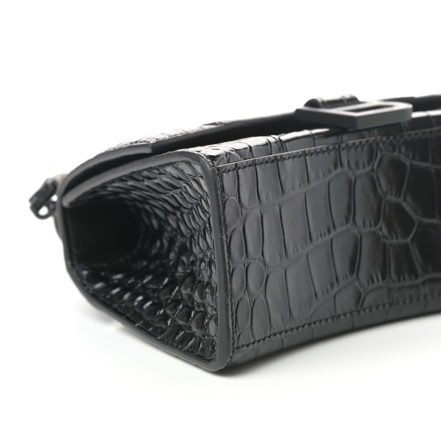 Shiny Calfskin Monochrome Crocodile Embossed Hourglass Top Handle Bag XS Black