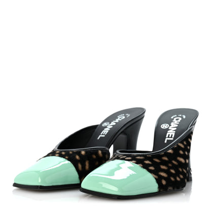 Chanel Pony Hair Lambskin Patent Calfskin Cap Toe Mules 37 Black White Green 4 of 10