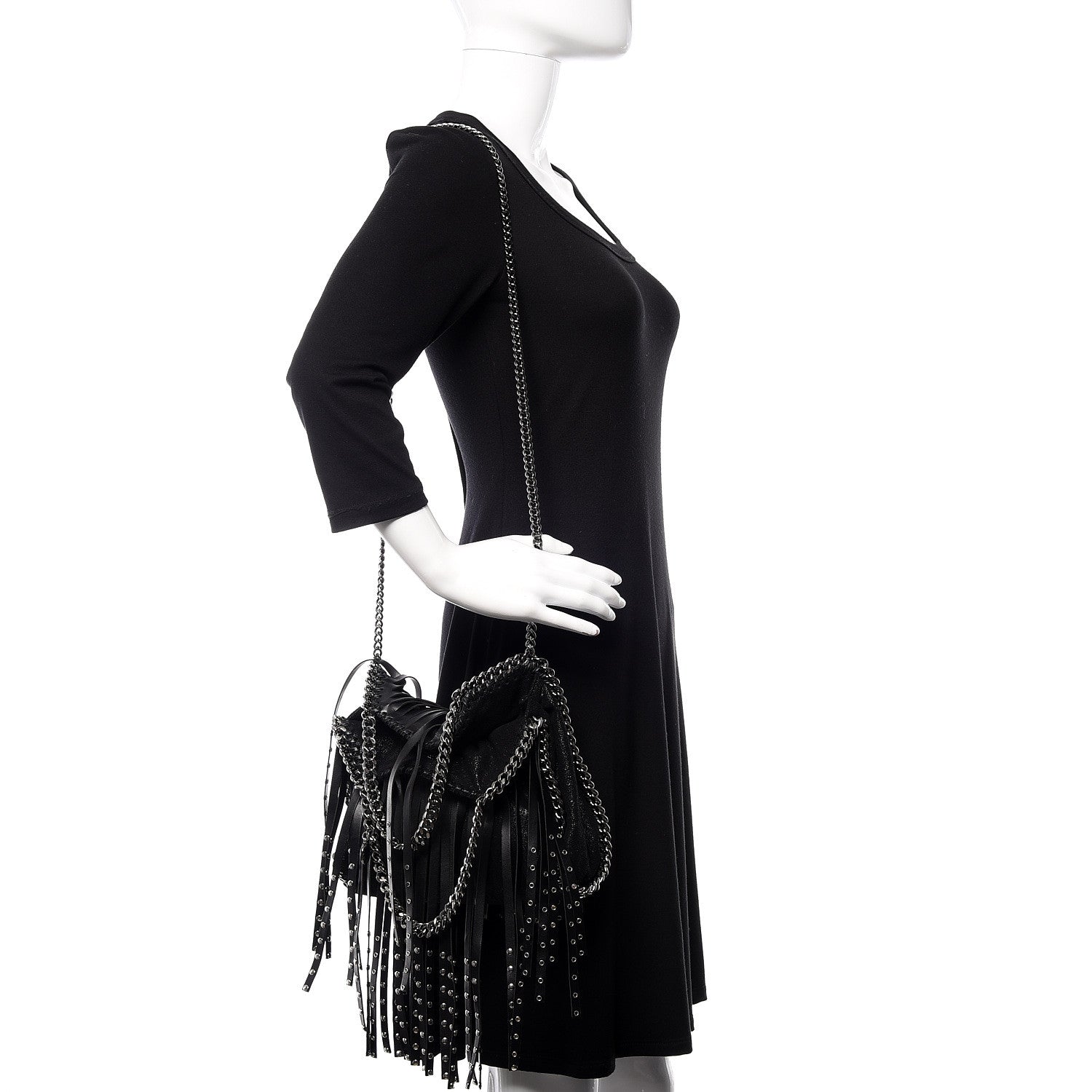 Stella McCartney Eco Alter Nappa Shaggy Deer Mini Falabella Studded Fringe Tote Black 2 of 10