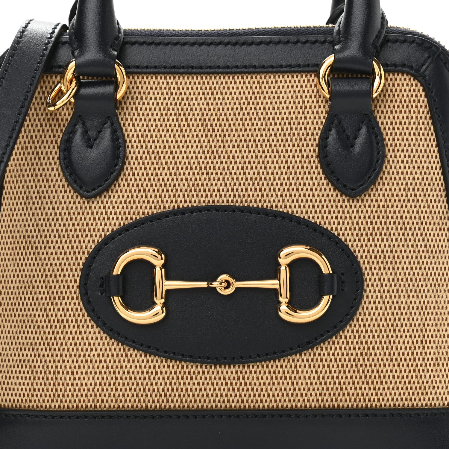 Gucci Vintage Rice Canvas Plutone Calfskin Mini Horsebit 1955 Top Handle Bag Beige Black 8 of 10