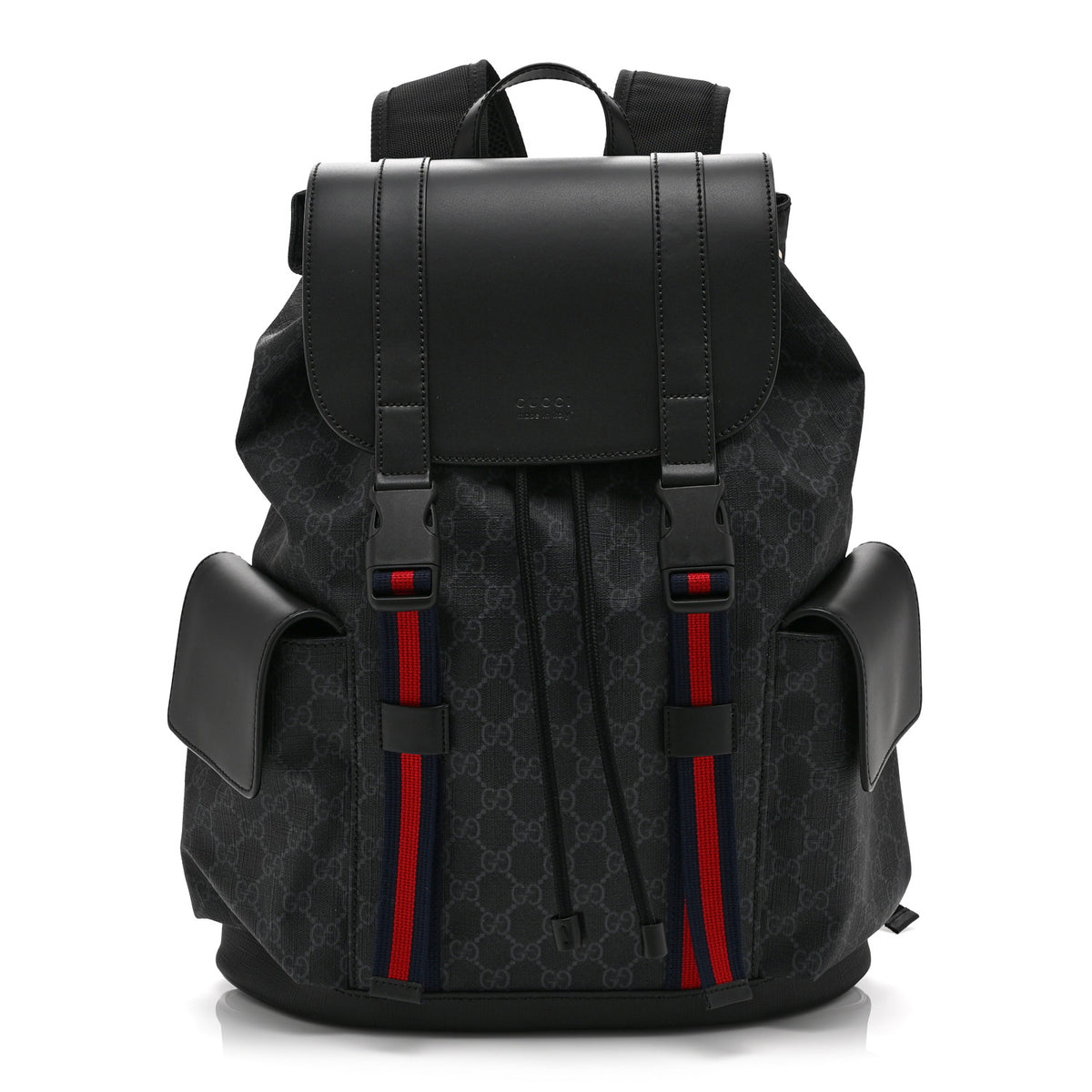 Soft GG Supreme Monogram Calfskin Web Double Buckle Backpack Black