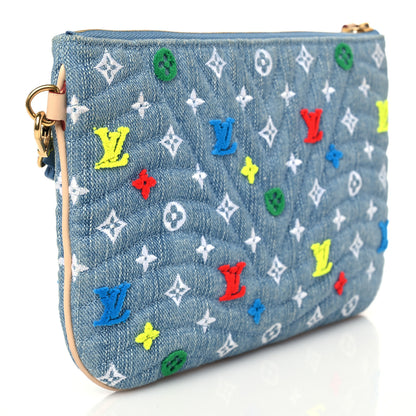 Louis Vuitton Embroidered Monogram Denim New Wave Zipped Pochette Blue 3 of 8
