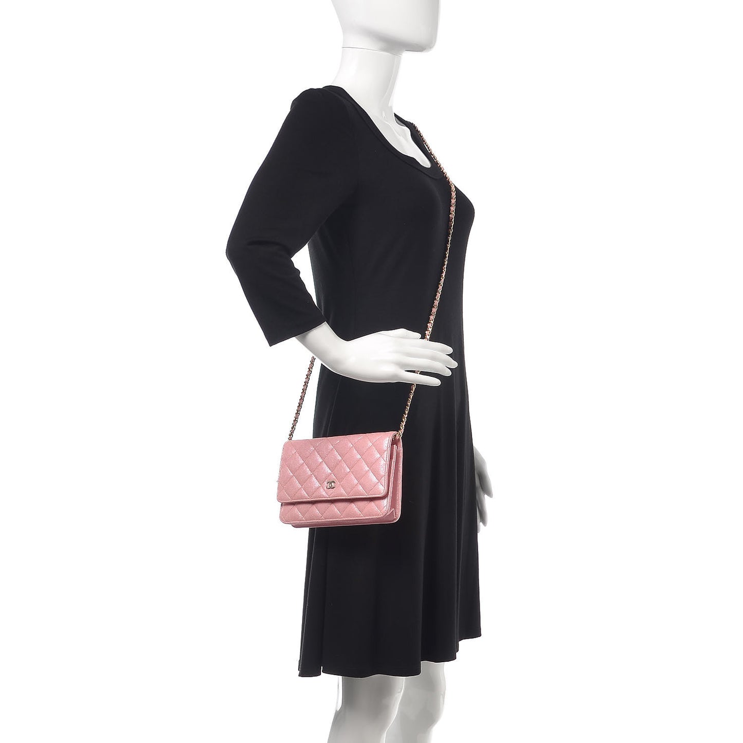 Iridescent Caviar Quilted Wallet on Chain WOC Rose Pink