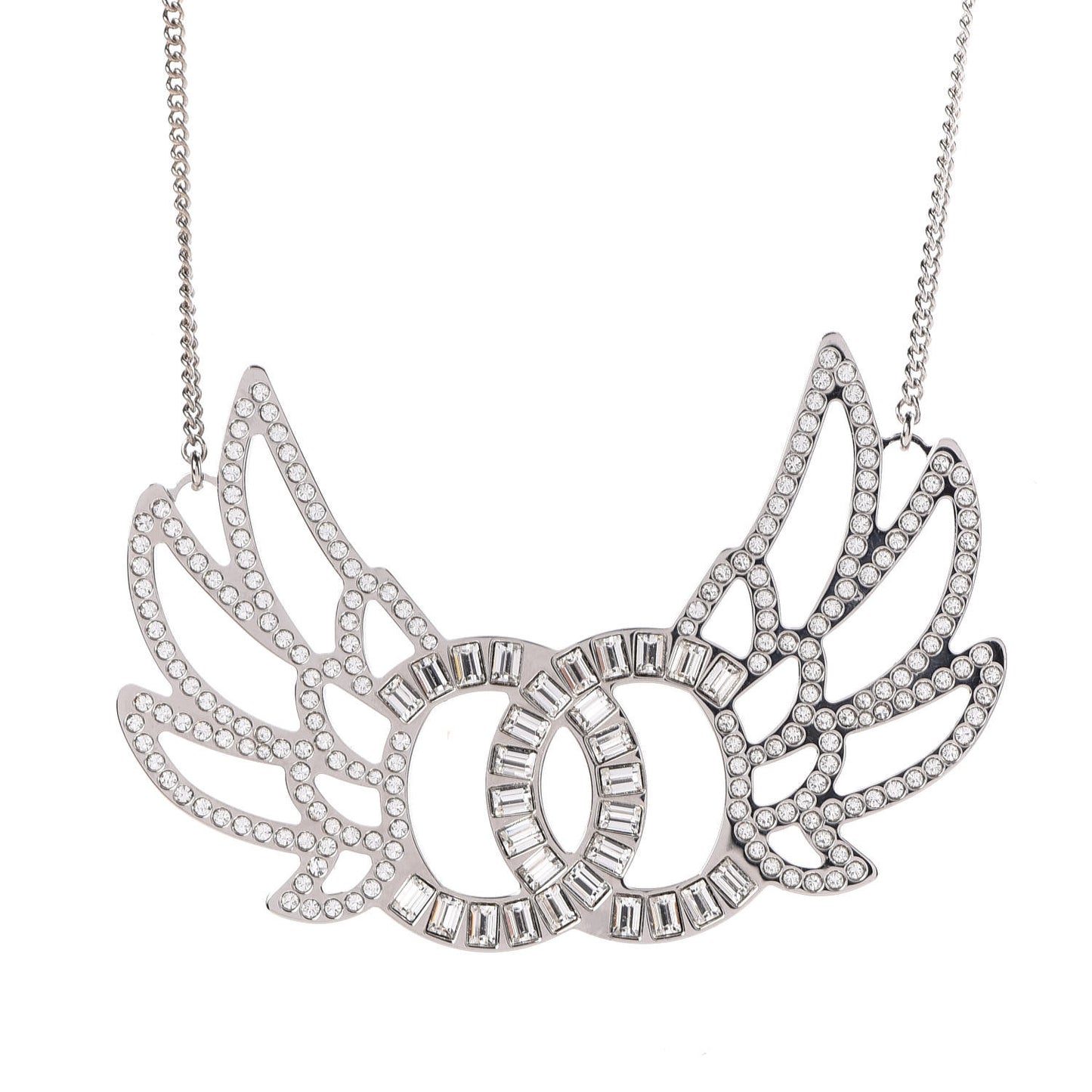 Baguette Crystal Winged CC Necklace Silver