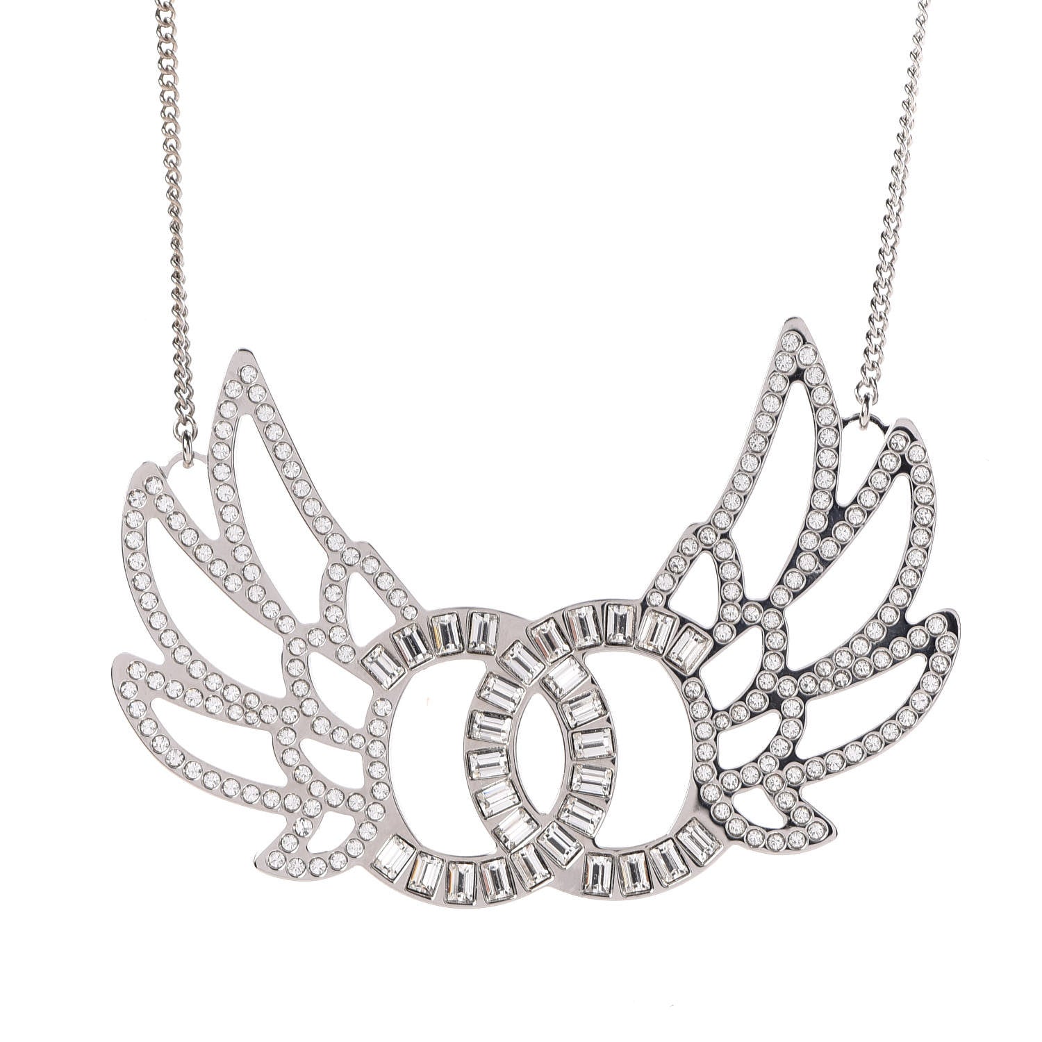 Chanel Baguette Crystal Winged CC Necklace Silver 4 of 6