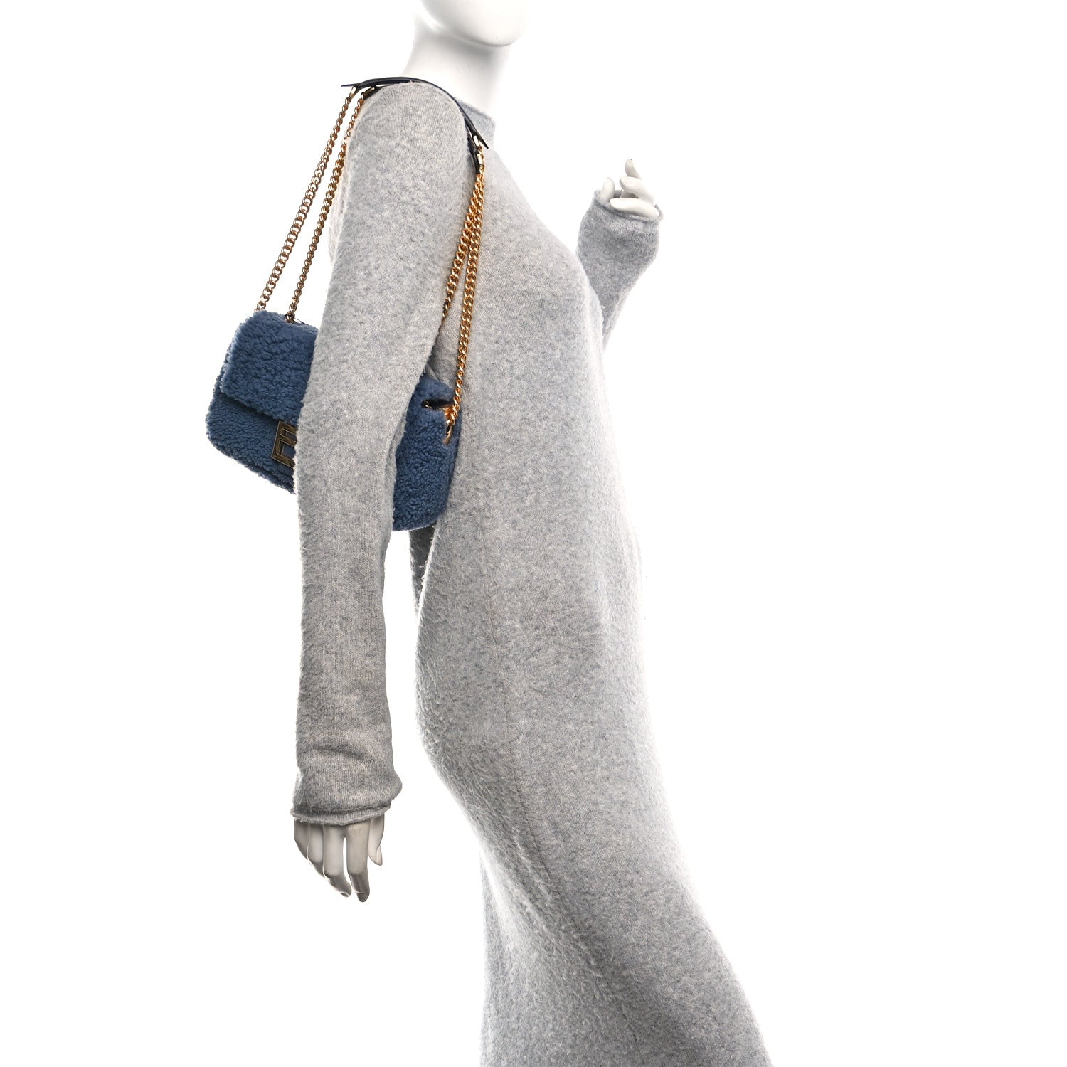 Fendi Shearling Lambskin FF Midi Chain Baguette Mirto 2 of 10