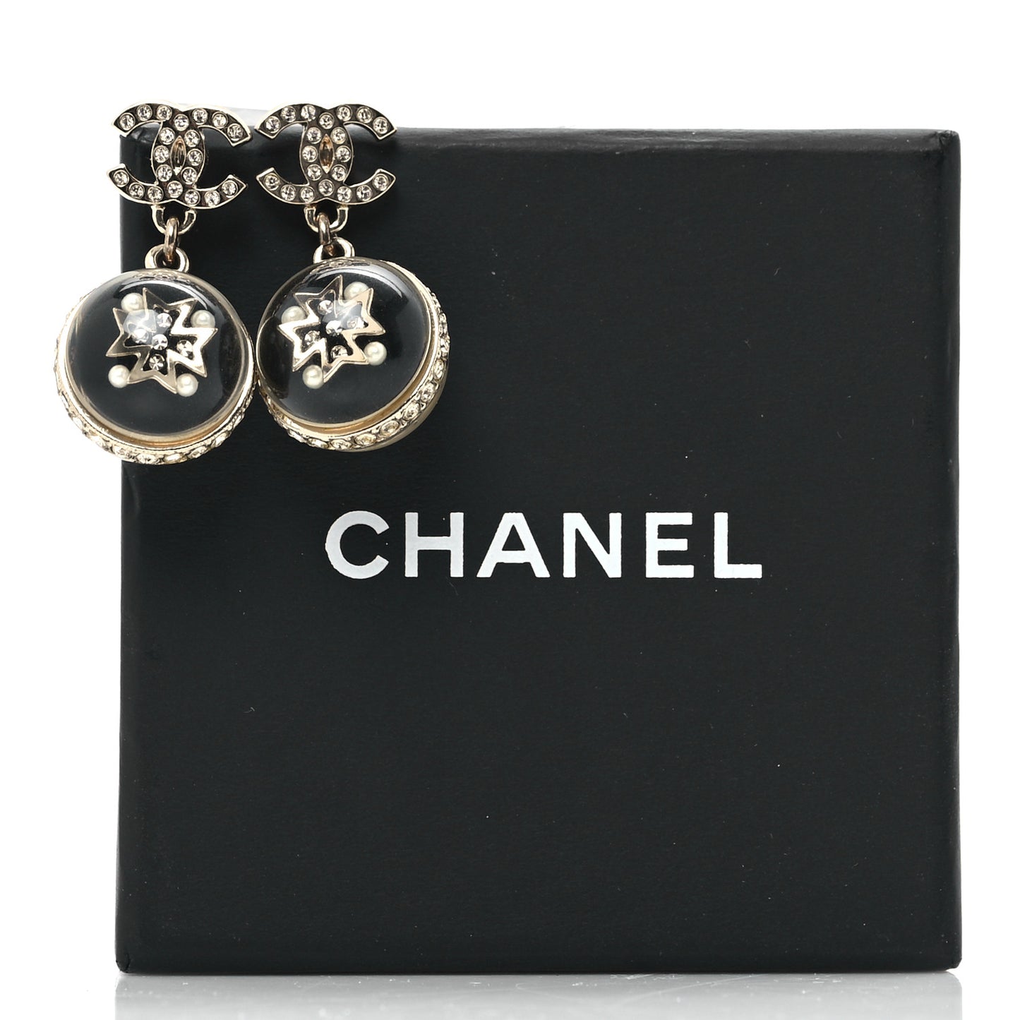 Resin Crystal Pearl CC Ball Drop Earrings Black Gold