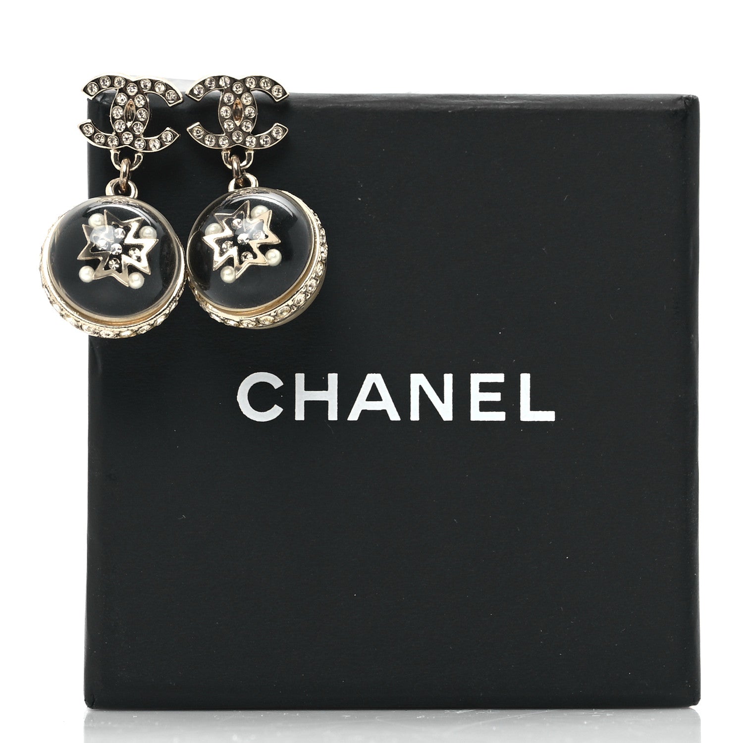 Chanel Resin Crystal Pearl CC Ball Drop Earrings Black Gold 5 of 5
