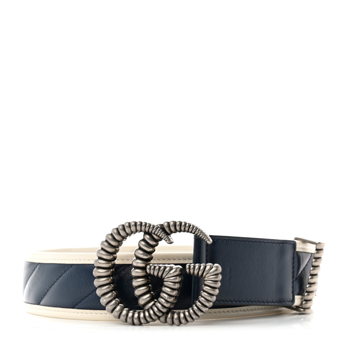 Azalea Calfskin Matelasse Diagonal Nickel Torchon Double G 40mm Belt 80 32 Blue Agata Mystic White