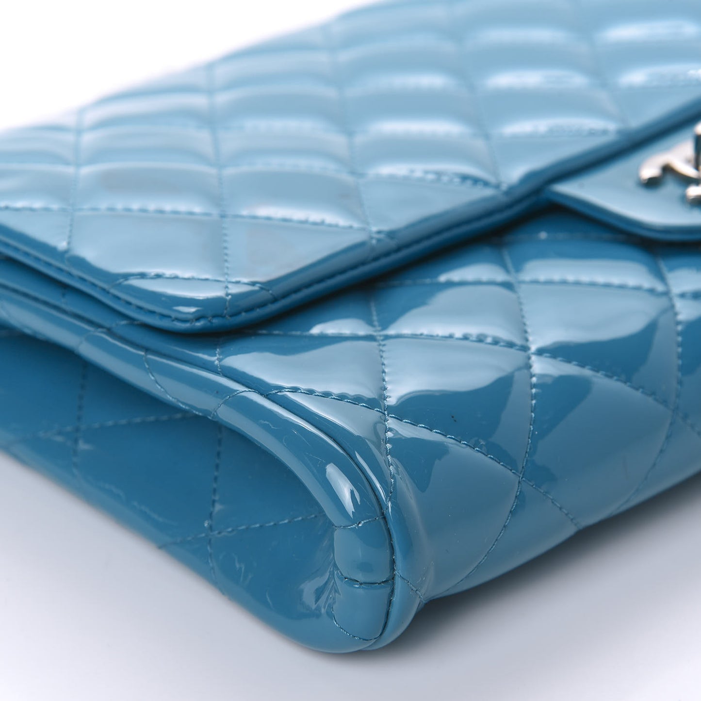 Patent Quilted Clutch with Chain Flap Blue