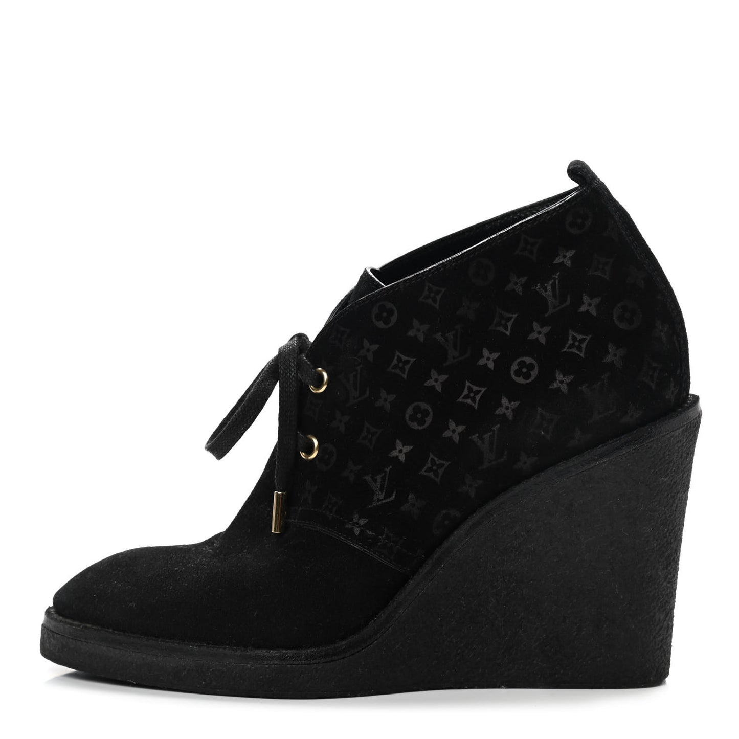 Suede Embossed Monogram Frosty Wedge Low Boots 38.5 Black