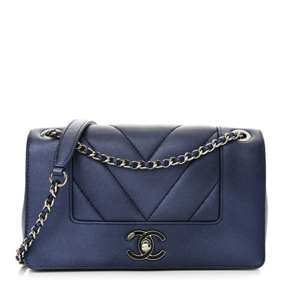 Chanel Metallic Sheepskin Chevron Quilted Medium Vintage Mademoiselle Flap Navy 1 of 12