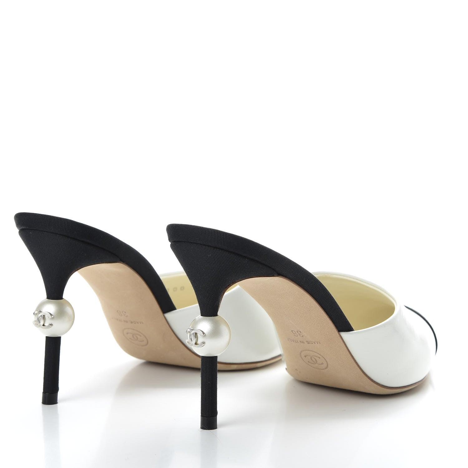 Chanel Goatskin Grosgrain Cap Toe Pearl Mule 36 Ecru Black 4 of 9