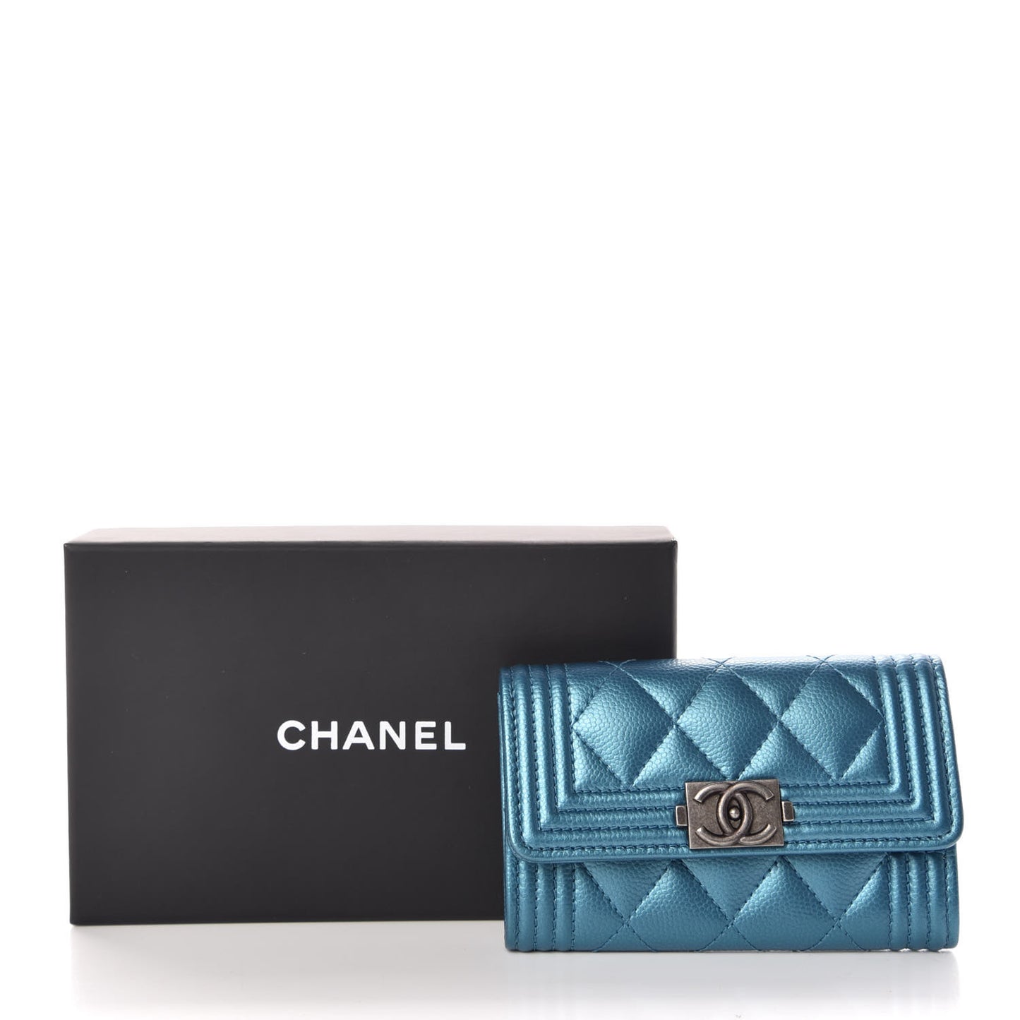 Metallic Caviar Quilted Boy Card Holder Wallet Turquoise