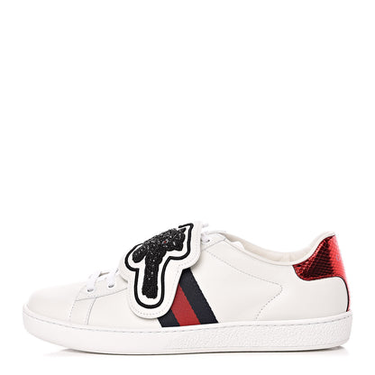 Gucci Calfskin Ayers Crystal Panther Embroidered Womens Ace Sneakers 37.5 White 1 of 10
