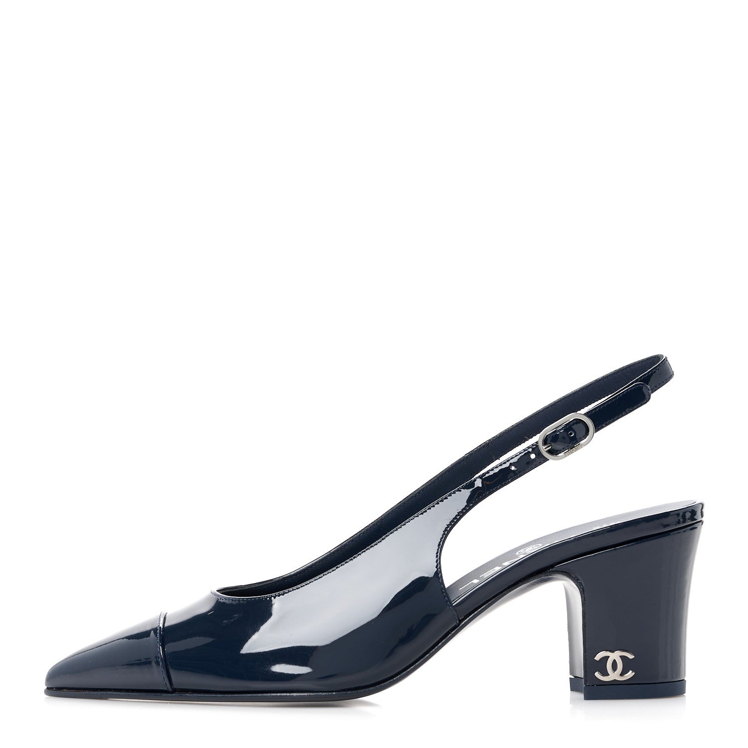 Chanel Patent Calfskin Cap Toe CC Slingback Pumps 35 Navy Blue 1 of 9