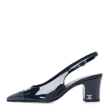 Chanel Patent Calfskin Cap Toe CC Slingback Pumps 35 Navy Blue 1 of 9