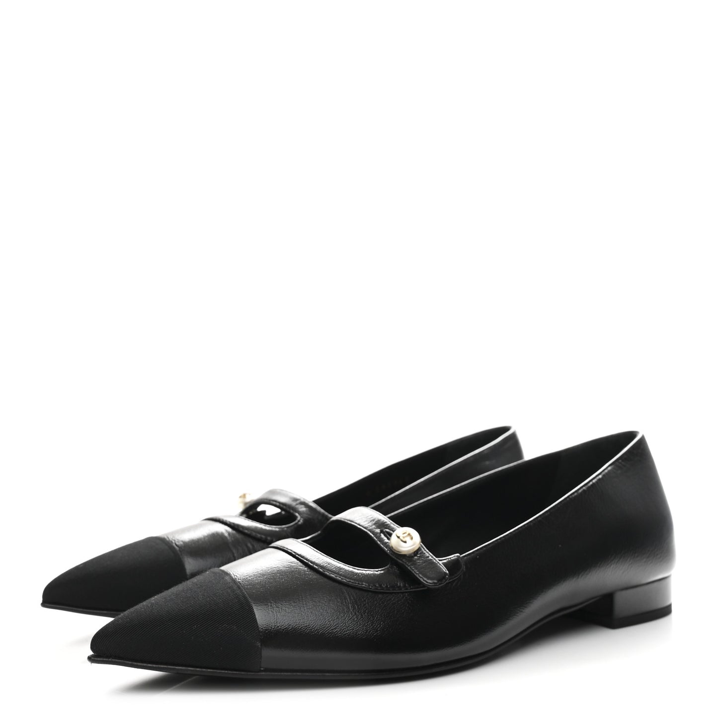 Shiny Lambskin Grosgrain Pearl Mary Jane Flats 40 Black